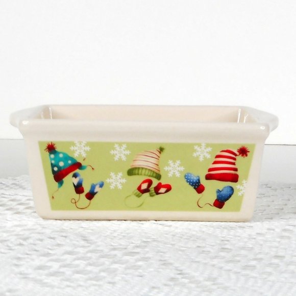 Nantucket Loaf Pan Beige Ceramic Stoneware Mini 5 x 3 In. Hats Mittens Christmas - Picture 4 of 8